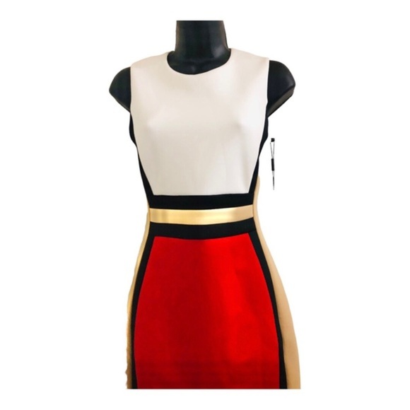 Calvin Klein red tan white black colorblock scuba fit sheath dress size 4 new - Picture 6 of 16